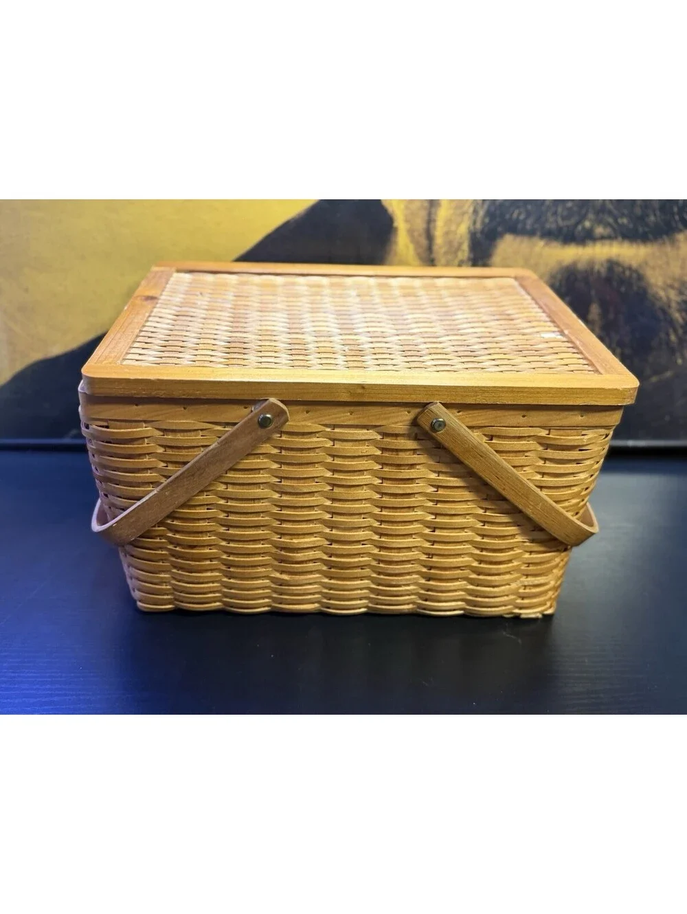Vintage Woven Wood Picnic Basket Hinged Lid Dual Handles 15x11x9